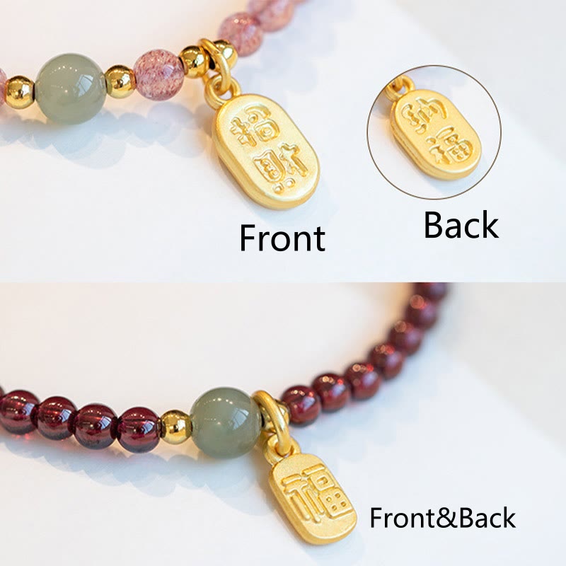 Natural Jade & Strawberry Quartz Garnet Fu Prosperity Character Beaded Bracelet