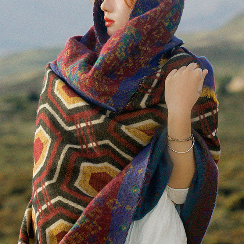Tibetan Shawl Brown Blue Red Geometric Shapes Pattern Winter Cozy Travel Scarf Wrap