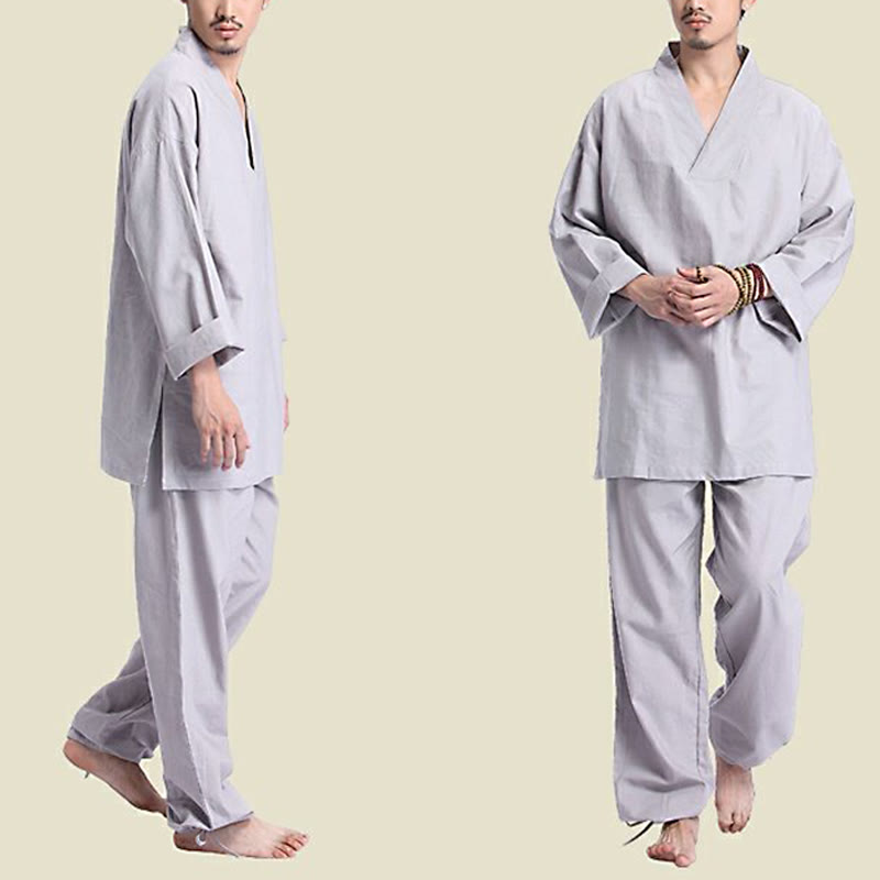 Meditation Prayer V-neck Design Cotton Linen Spiritual Zen Practice Yoga Clothing Men's Set