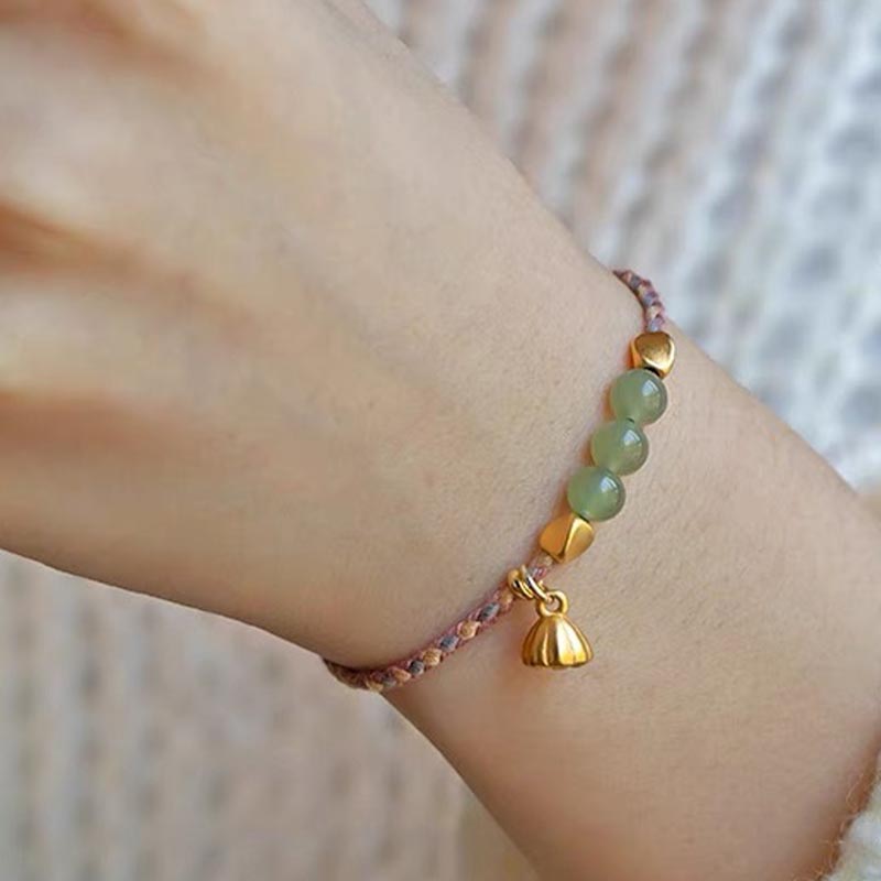 Handcrafted Hetian Jade Lotus Charm Luck Braided Bracelet