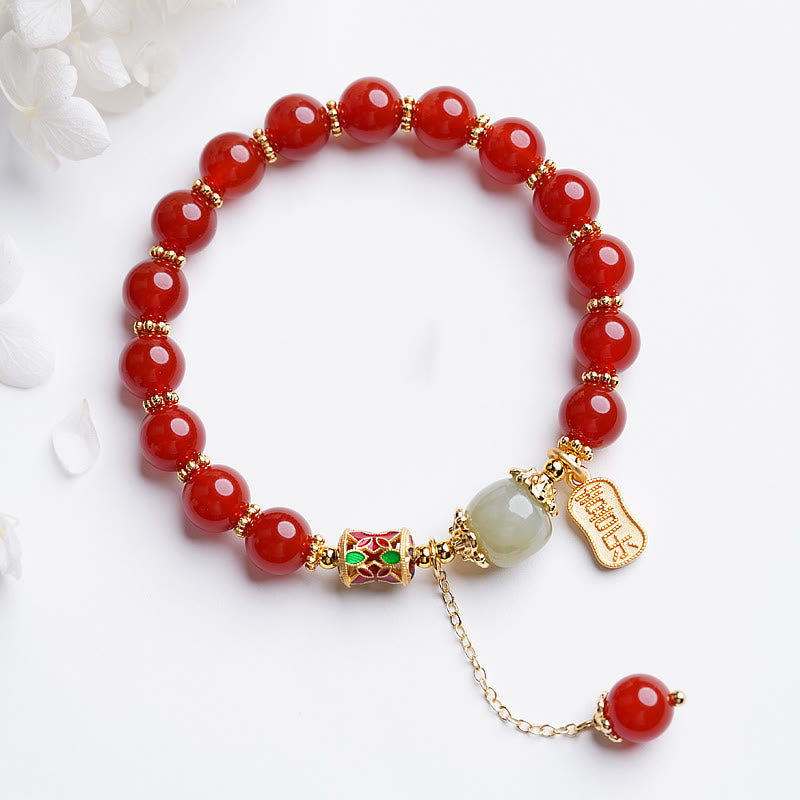 Natural Red Agate and Hetian Jade Copper Fu Symbol Beaded Charm Bracelet