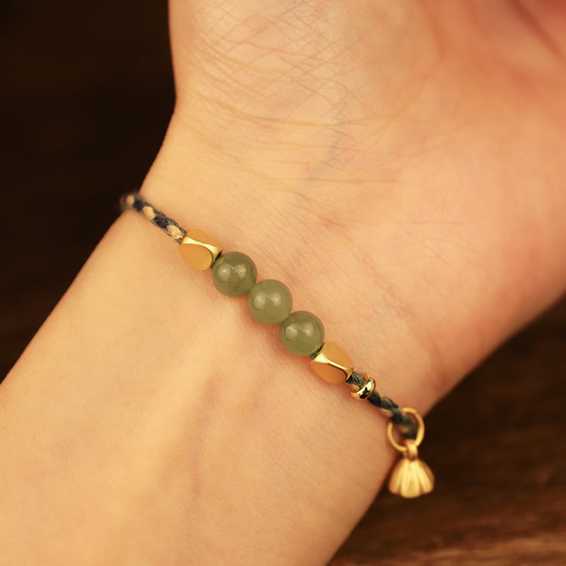 Handcrafted Hetian Jade Lotus Charm Luck Braided Bracelet