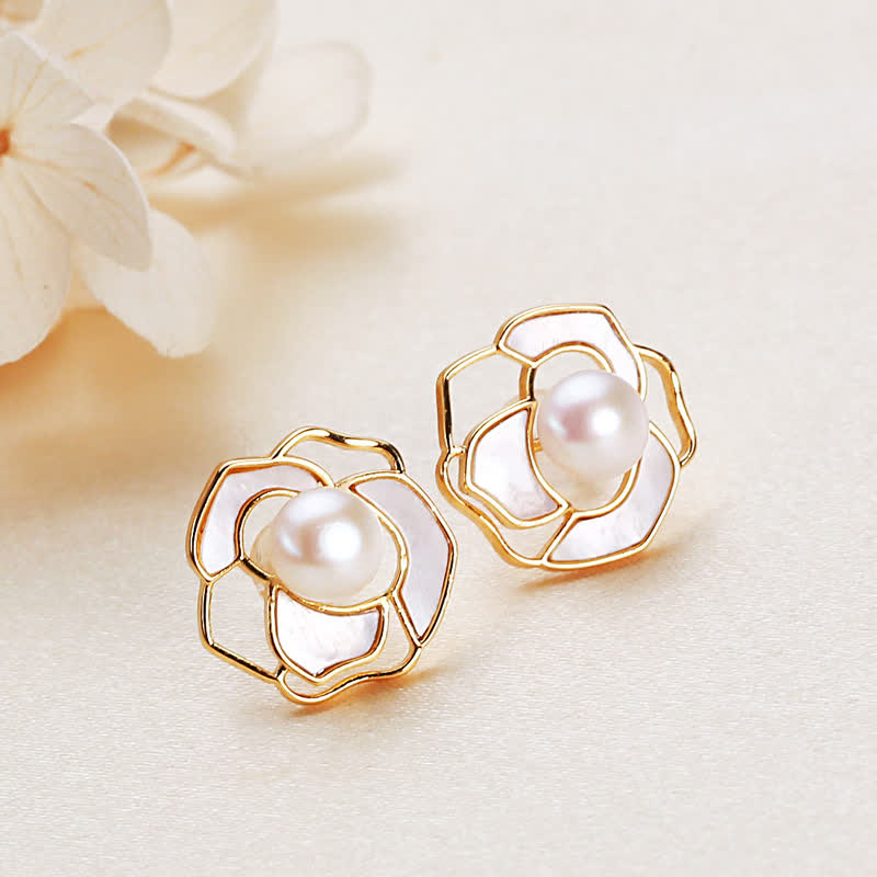 925 Sterling Silver Pearl Camellia Pattern Happiness Necklace Pendant Earrings