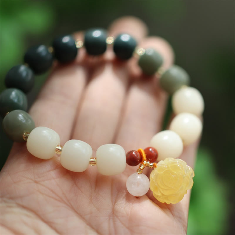 Gradient Bodhi Seed, Amber, Golden Silk Jade & Red Agate Lotus Symbol Unisex Elastic Bracelet