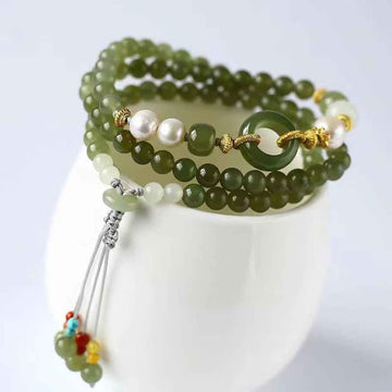 Refined Hetian Jade and Pearl Ping An Kou Peace Buckle String Bracelet