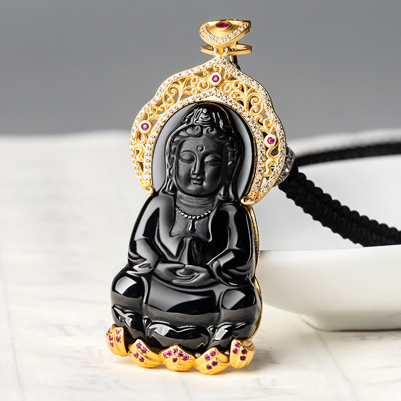 925 Sterling Silver Natural Black Jade Kwan Yin Avalokitesvara Wealth Necklace Pendant