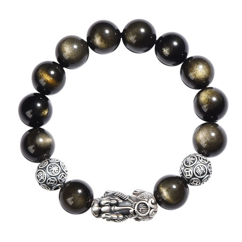 925 Sterling Silver Natural Gold Sheen Obsidian PiXiu Wealth Protection Bracelet