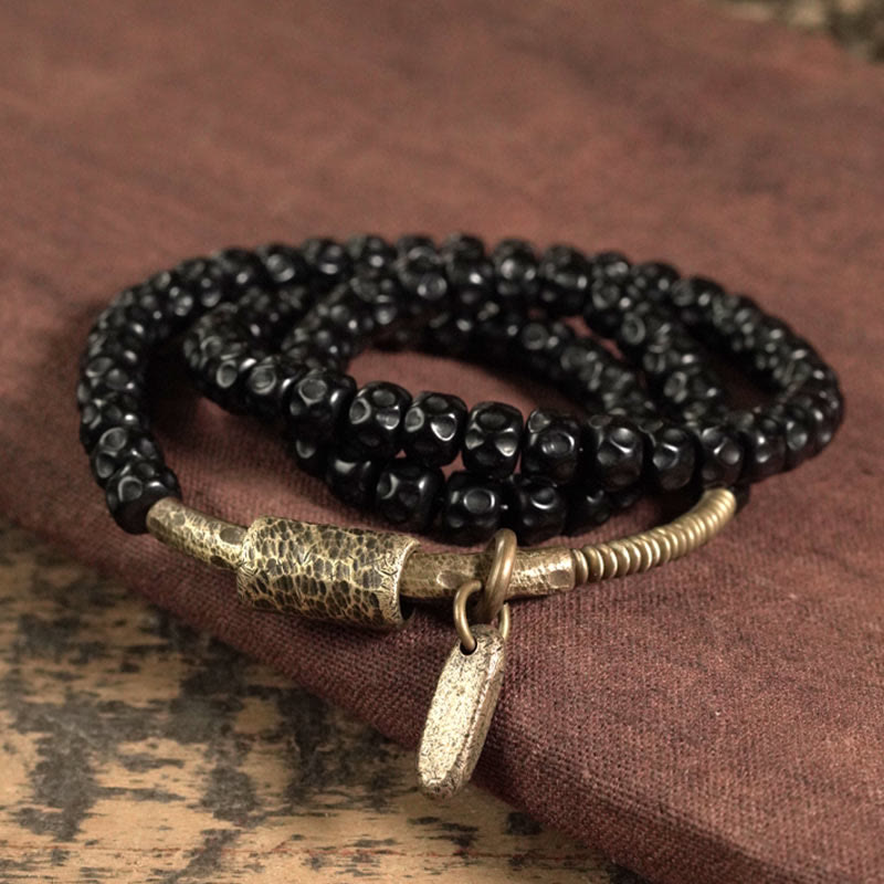 Retro Coconut Shell with Brass and Copper Accents Triple Wrap Bracelet