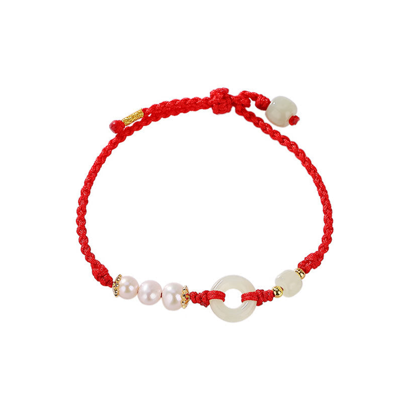 Hetian Jade Ping An Kou Pearl 925 Sterling Silver Gold Plated Red String Bracelet
