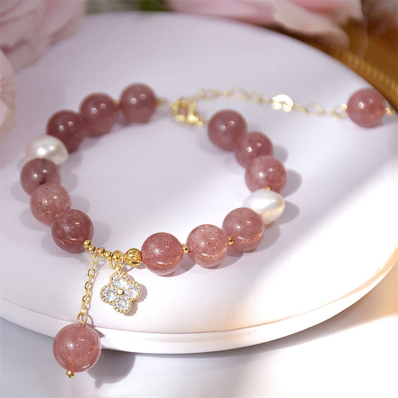 Natural Strawberry Quartz and Pearl Four-Leaf Clover Charm Bracelet