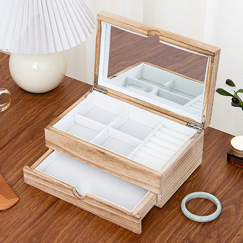 Retro Beige Paulownia Wood Two-Layer Jewelry Storage Box with Mirror