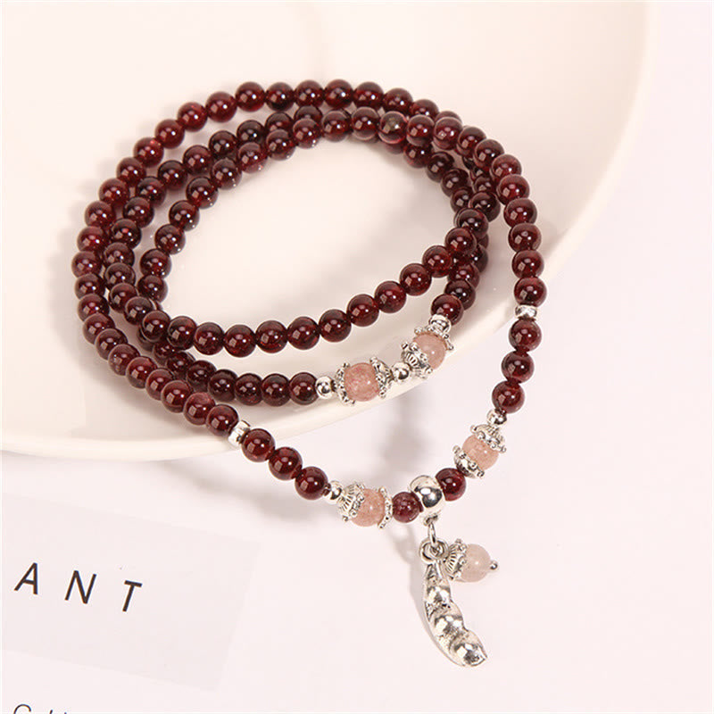 Natural Garnet Strawberry Quartz Green Beans PiXiu Protection Triple Wrap Bracelet