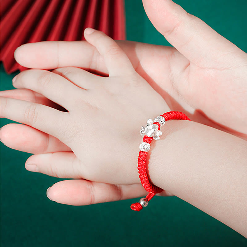 Handcrafted 999 Sterling Silver Chinese Zodiac Vajra Knot Red String Kids Bracelet