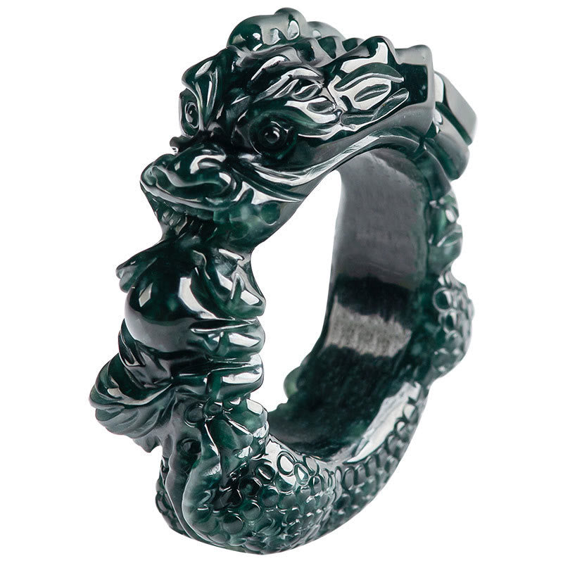 Natural Cyan Jade Dragon Carved Success Ring