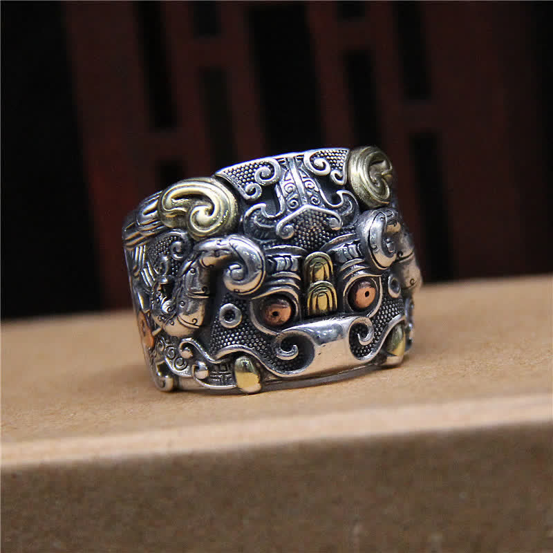 925 Sterling Silver Mythical Dragon and Kui Ox Adjustable Ring