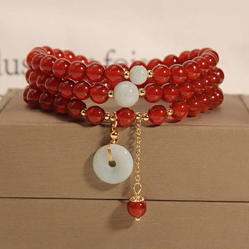 Natural Red Agate and Jade Ping An Kou Triple Wrap Bracelet