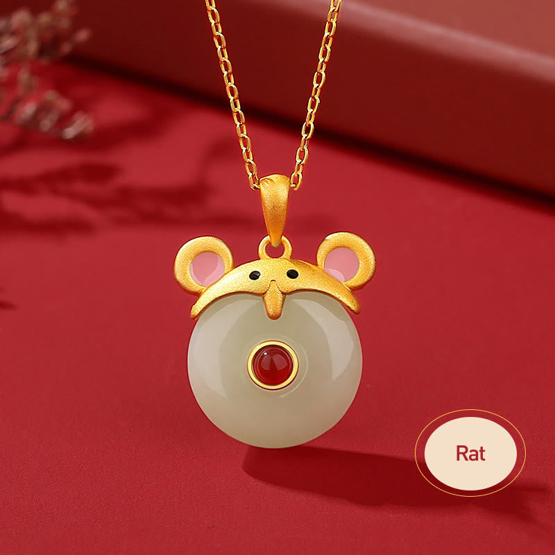 925 Sterling Silver Hetian Jade Chinese Zodiac Year of the Dragon Red Agate Luck Protection Necklace Pendant