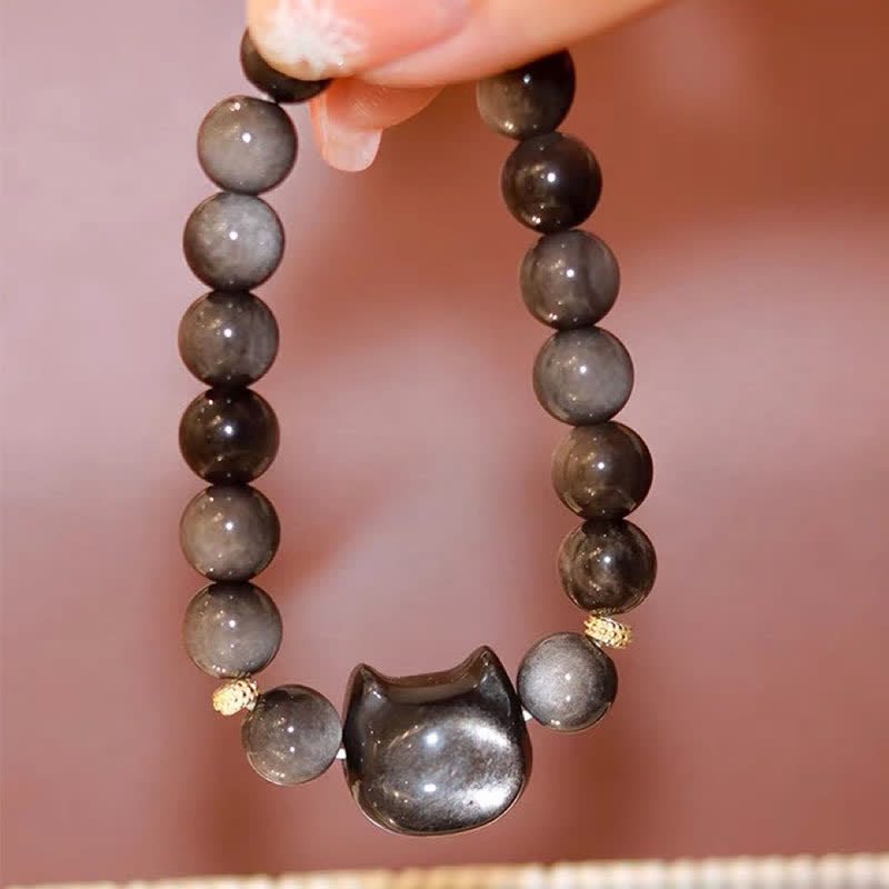 Handmade Gold & Silver Sheen Obsidian Feline Motif Beaded Bracelet