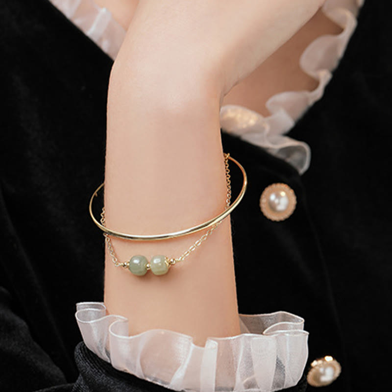 Copper Plated Gold Hetian Jade Bead Luck Double Layer Bracelet Bangle