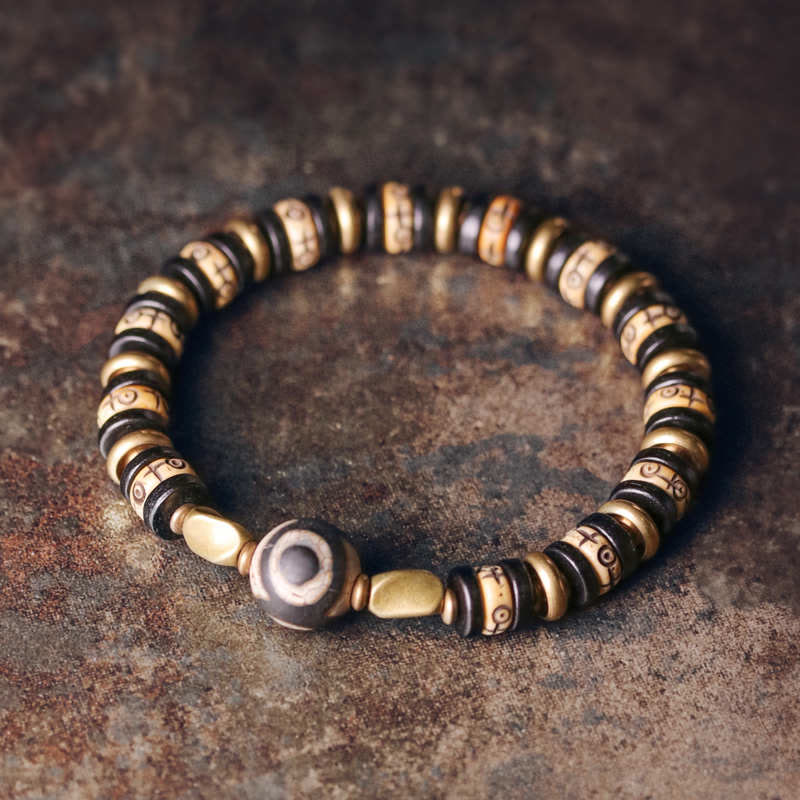 Ebony Wood & Dzi Bead Bracelet with Copper Accents for Grounding Strength