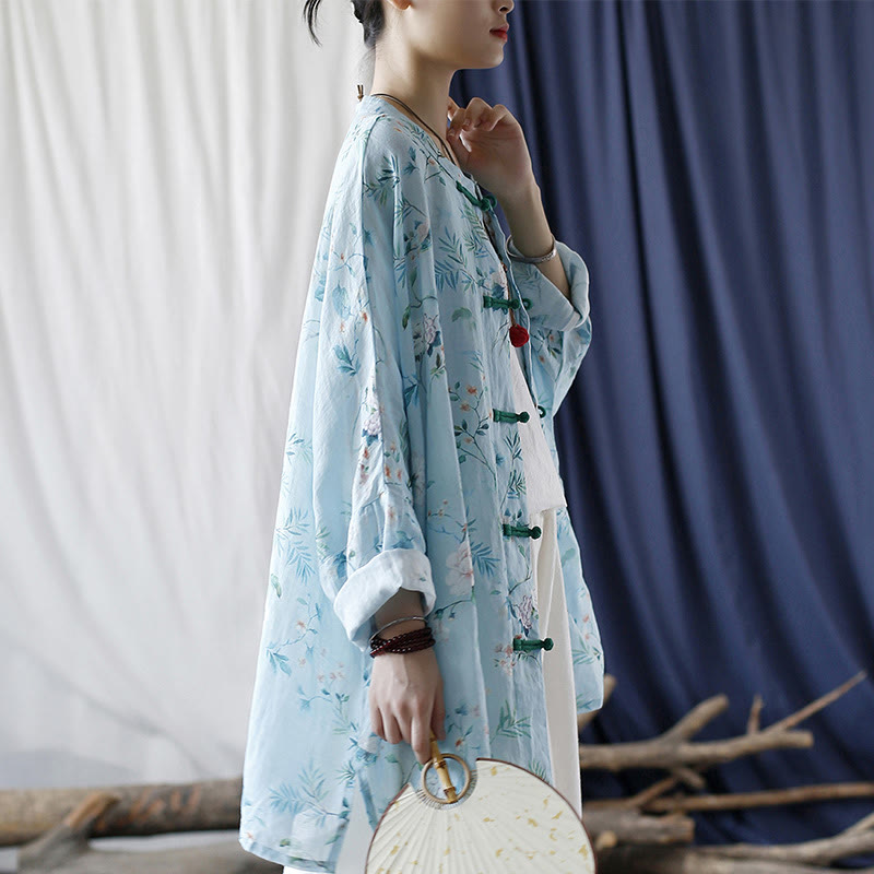 Light Green Pink Flowers Green Leaves Frog-Button Long Sleeve Ramie Linen Jacket Shirt