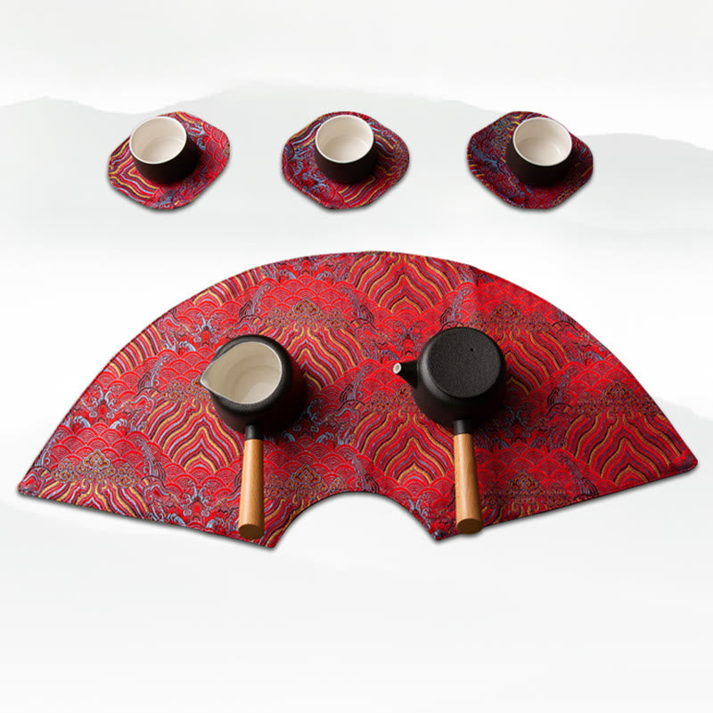 Vintage Sea Wave Bamboo Plum Blossom Embroidered Cup Mat Pad Tea Cup Coaster Kung Fu Tea Mat