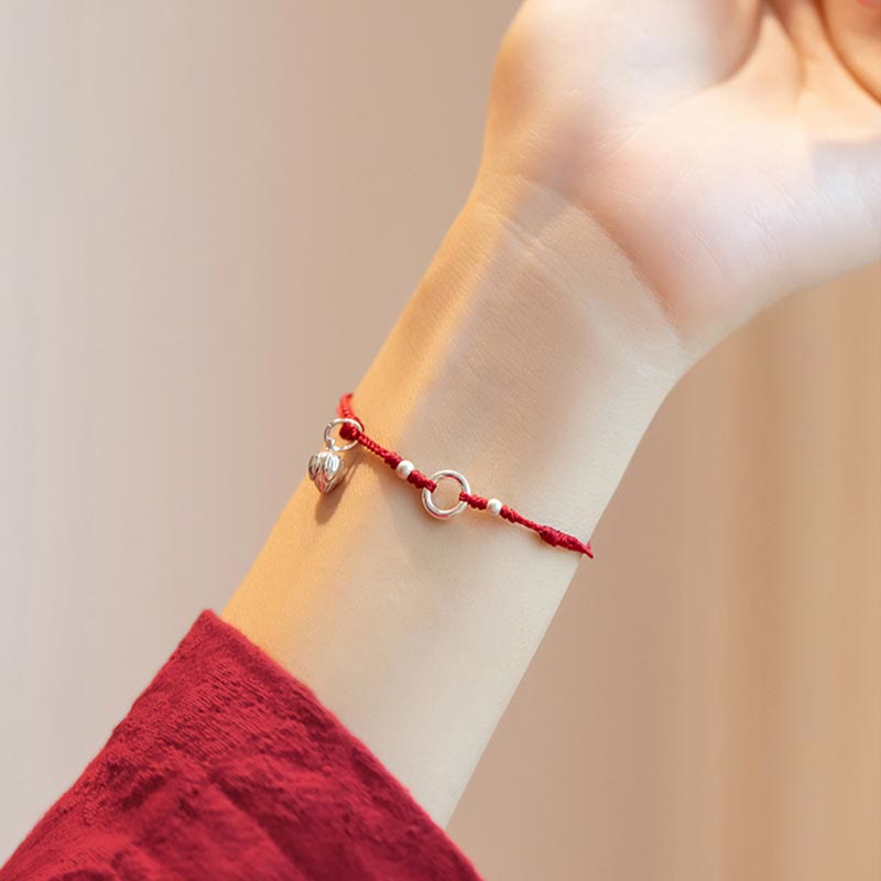 925 Sterling Silver Ping An Kou Lotus Red String Bracelet with Peace and Joy Charms