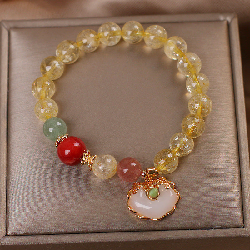 Natural Citrine White Jade Strawberry Quartz Protection Charm Bracelet
