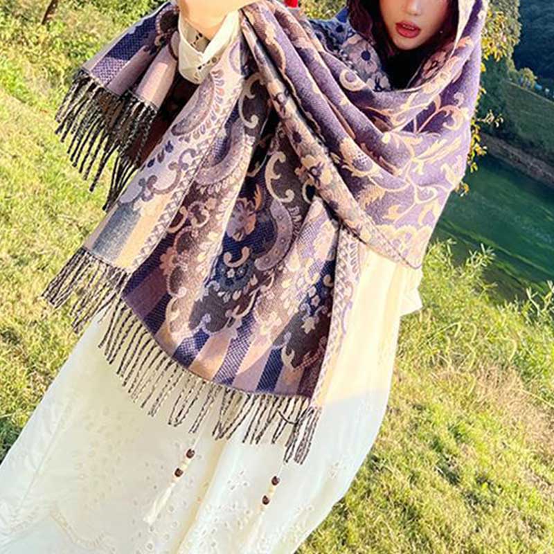 Tibetan Flowers Leaves Branch Design Tassel Shawl Cozy Travel Scarf Wrap