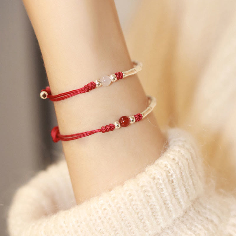 Sterling Silver Bamboo & Agate Bead Braided Red String Bracelet