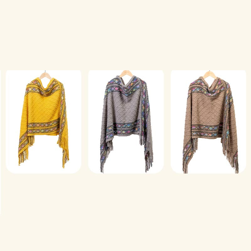 Tactile Knit Geometric Tassel Meditation Shawl Pullover