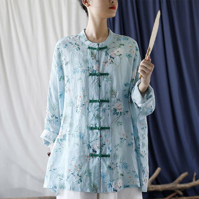 Light Green Pink Flowers Green Leaves Frog-Button Long Sleeve Ramie Linen Jacket Shirt