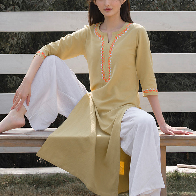2Pcs V-neck Embroidery Yoga Clothing Zen Meditation Cotton Linen Top Pants Women's Set