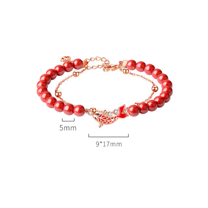 Polished 925 Sterling Silver Koi Fish Charm Bracelet with Cinnabar and Zircon Double Layer Chain