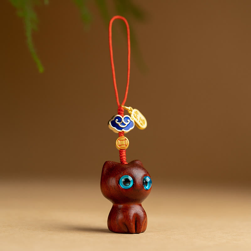 Small Leaf Red Sandalwood Ebony Wood Lucky Cat Protection Key Chain Phone Hanging Decoration