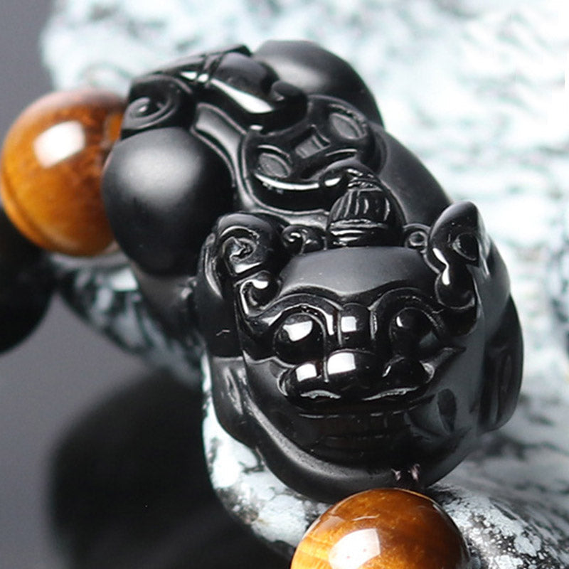 Handmade Rainbow Obsidian & Tiger Eye Pixiu Unisex Beaded Bracelet