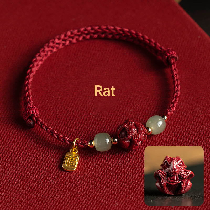 Handmade Cinnabar & Hetian Jade Sterling Silver Chinese Zodiac Fu Red String Bracelet