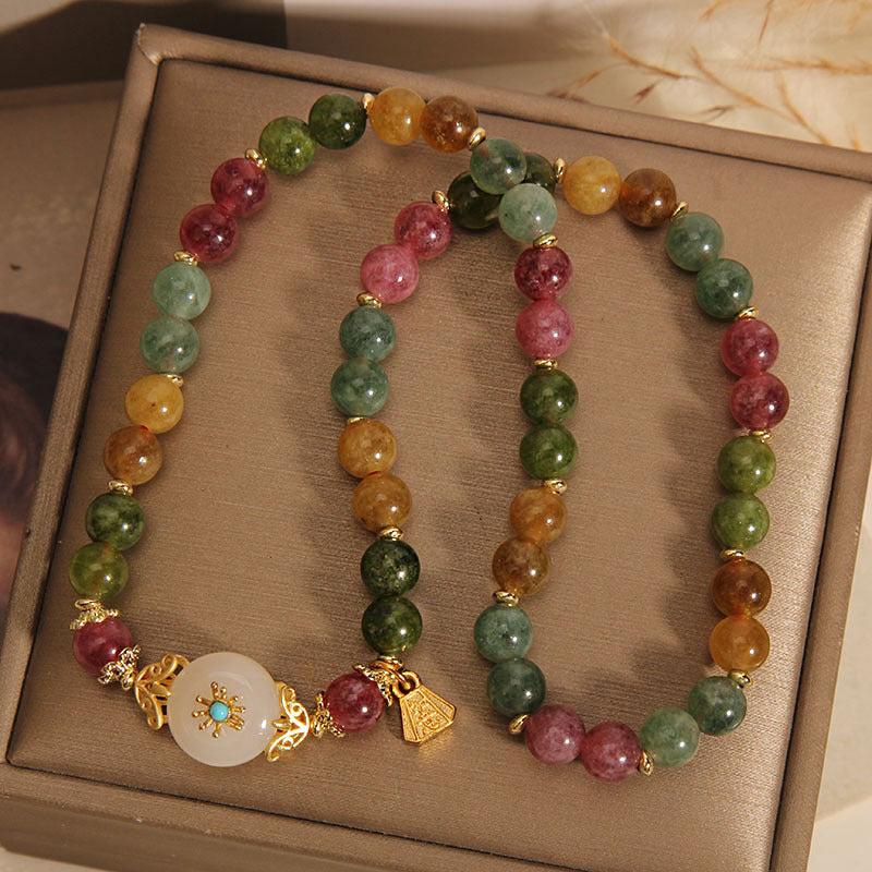 Natural Multicolored Tourmaline Positive Jade Flower Double Wrap Bracelet