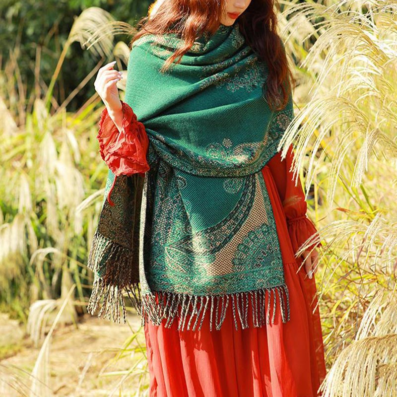 Tibetan Vine Leaves Pattern Design Shawl Cozy Travel Scarf Wrap