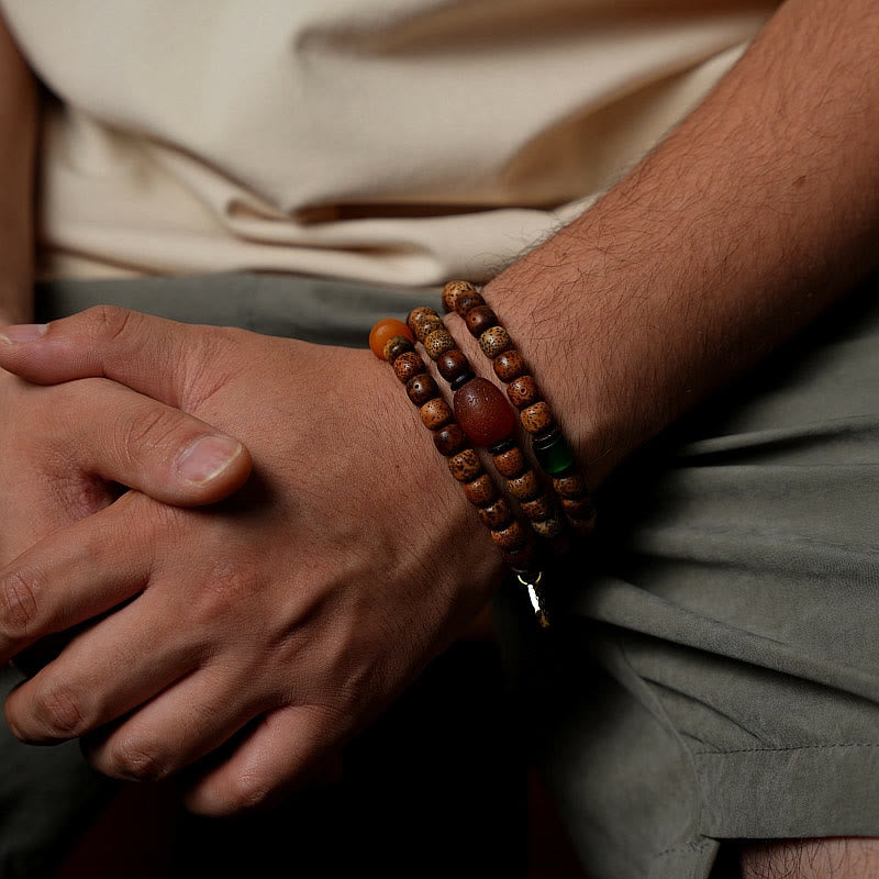 Tibetan Bodhi Seed Amber Dzi Bead Agate Zakiram Goddess of Wealth Beads Triple Wrap Bracelet