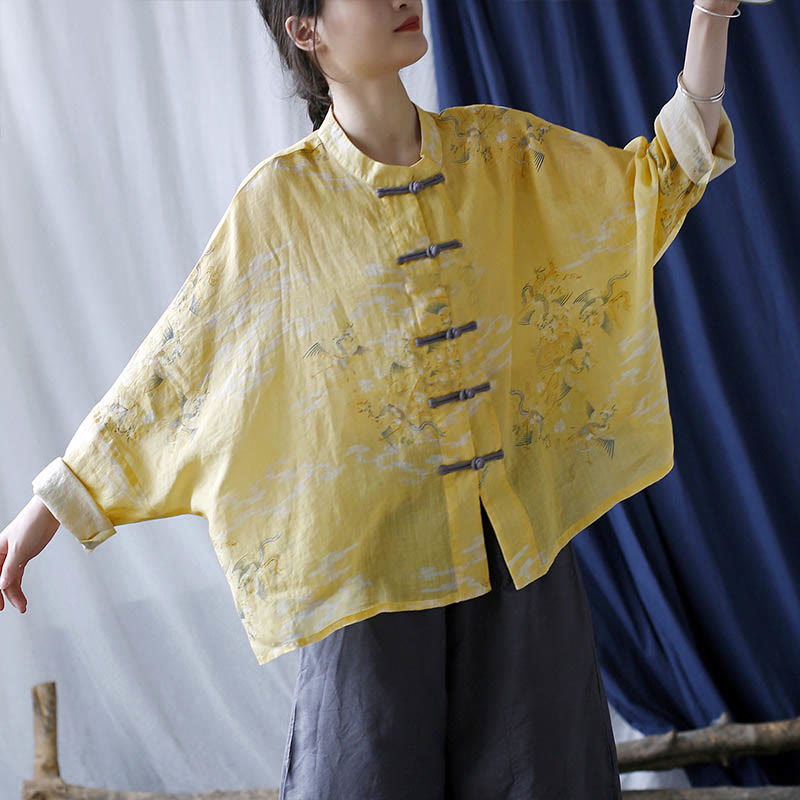 Yellow Phoenix Print Frog-button Design Long Sleeve Ramie Linen Jacket Shirt