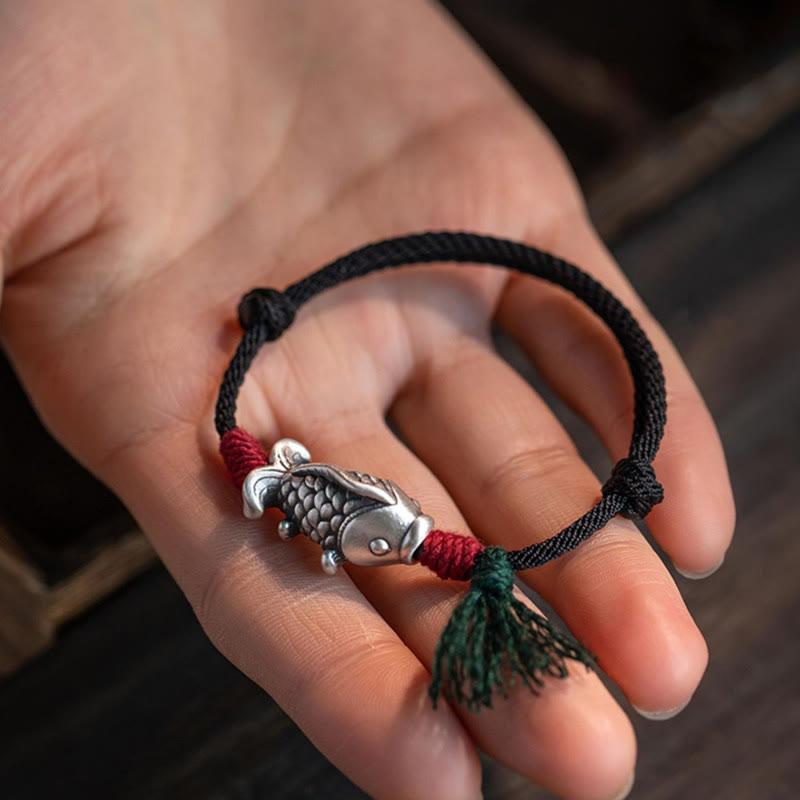 925 Sterling Silver Koi Fish & Yin Yang Braided Cord Bracelet
