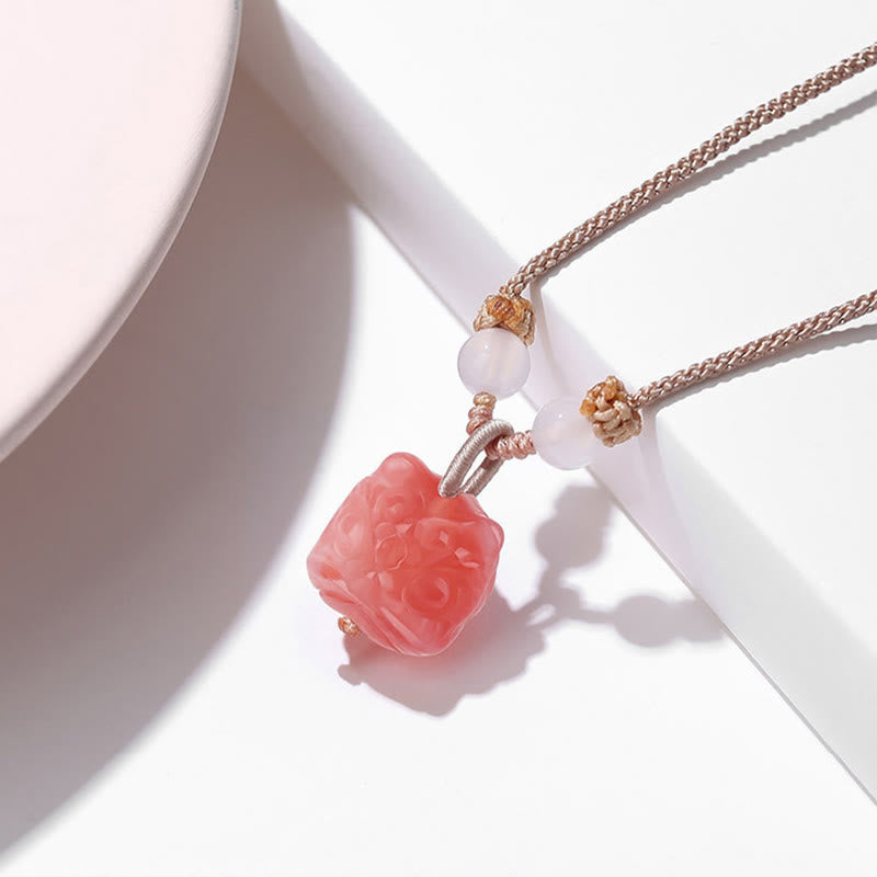 Natural Silver Sheen Obsidian Red Agate Dancing Lion Protection Necklace Pendant