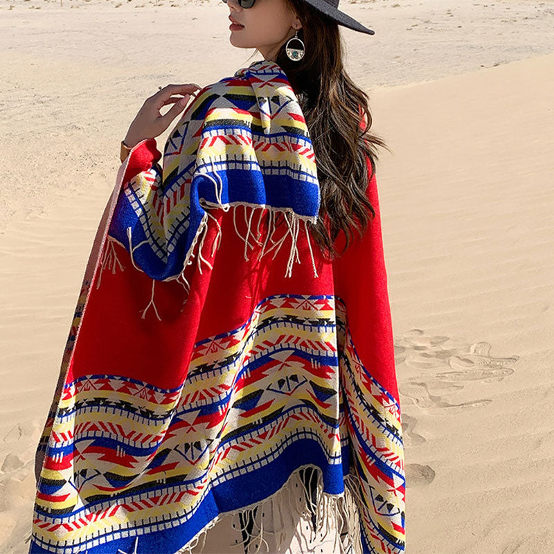Tibetan Shawl Colorful Geometry Winter Cozy Travel Scarf Wrap
