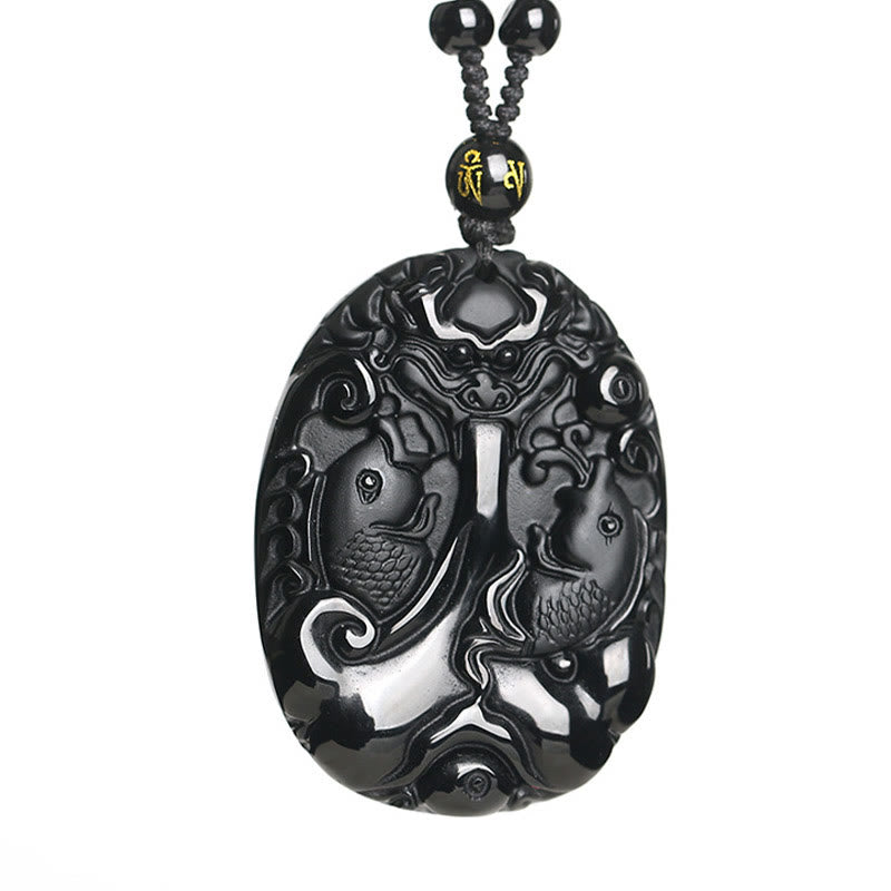 Black Obsidian Koi Fish Bead Rope Fulfilment Strength Necklace Pendant