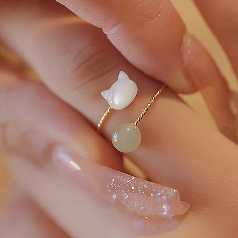 Tridacna Stone Cat Head Jade Bead Blessing Ring