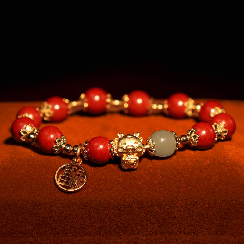 Year of the Dragon Natural Cinnabar Fu Character Charm Blessing Bracelet