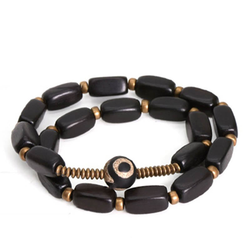 Tibet Ebony Wood Dzi Bead Copper Balance Double Wrap Bracelet