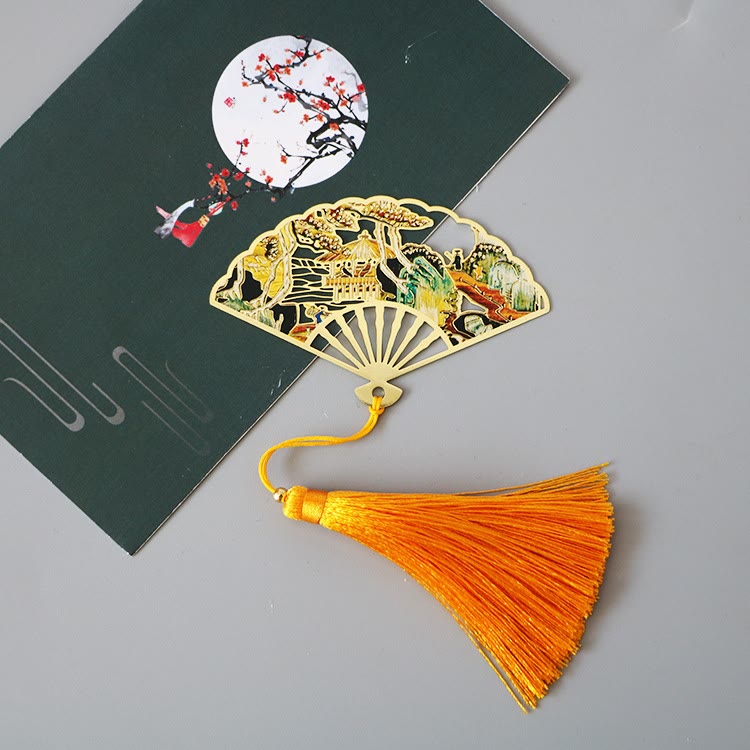 Traditional Butterfly Lotus Flower Crane Dragon Phoenix Fox Koi Fish New Beginning Metal Brass Hollow Fan Bookmarks