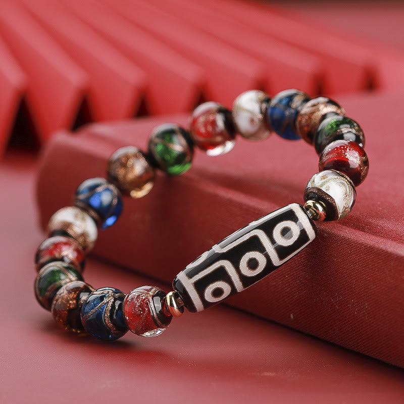 Hand-Finished Tibetan Style Dzi Bead and Vibrant Liuli Glass Beaded Bracelet